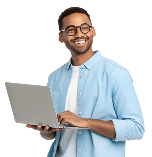 Professional holding laptop in office.